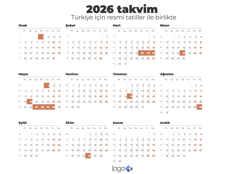 2026 Yılı Takvimi – 2026 Takvimi Pdf vektörel indir | Türkçe 2026 Takvimi 2026 yılı 